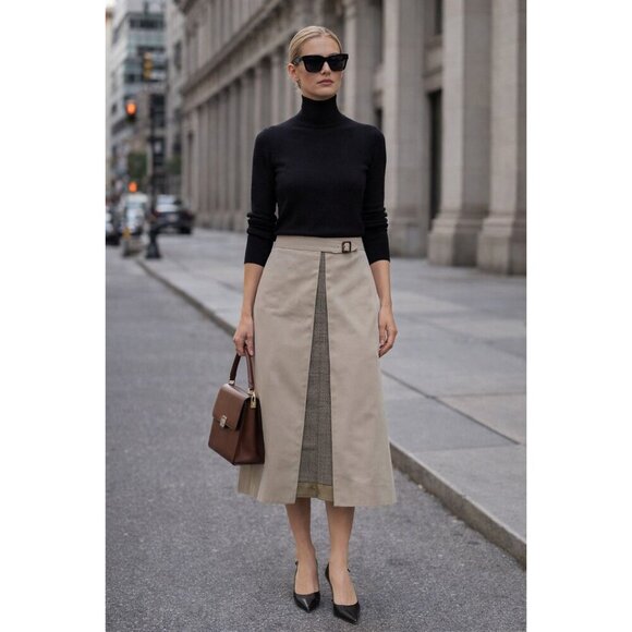 EFTYCHIA Dresses & Skirts - EFTYCHIA Ventile Beige Midi Skirt Straight Plaid Insert Belted UK 10